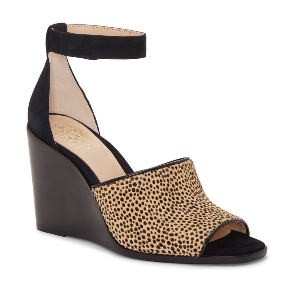Vince Camuto Black and Tan Peep Toe Wedge Sandals
